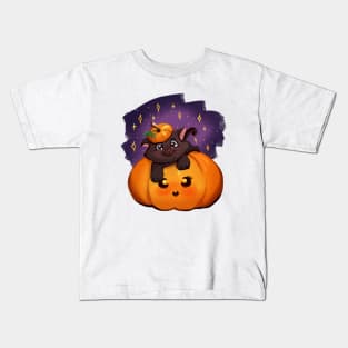 cute little pumpkin with a kitten Kids T-Shirt